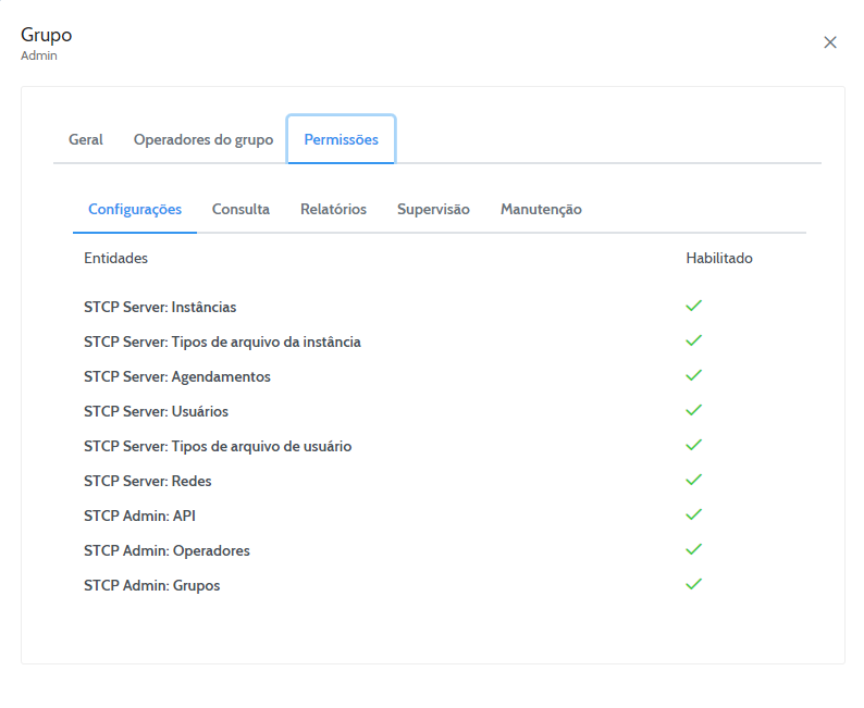 Aba Permissões - Configurações