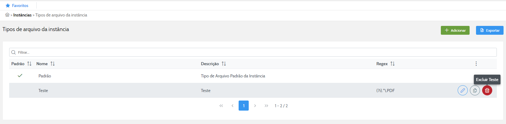 Excluir tipo de arquivo da Instância
